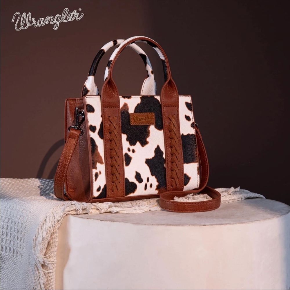 Wrangler Brown and White Mini Tote Bag with Cow Print